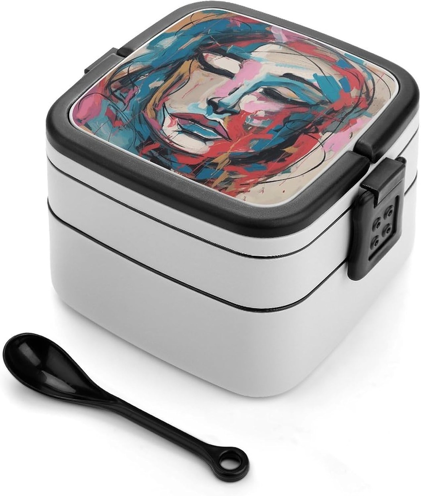 Abstract Female Face Bento Box for Adults Double Layer Lunch Box with Spoon And Invisible Handle Microwave Dishwasher Safe Leak Proof Meal Prep Lunch Containers for Office Picnic