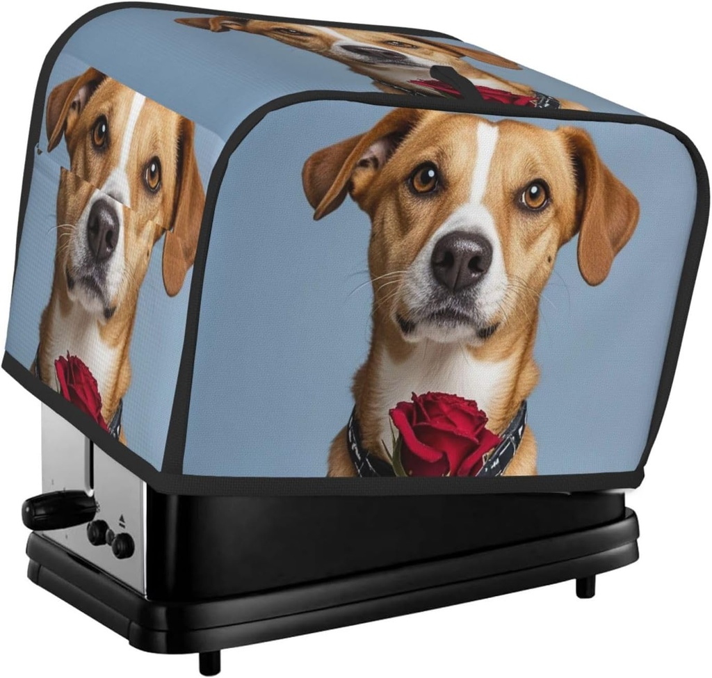 Dog Holding A Rose 2 Slice Toaster Covers Dustproof Splash-Proof Bread Machine Cover Fingerprint Protectors Small Washable Kitchen Appliance Cover Universal Size