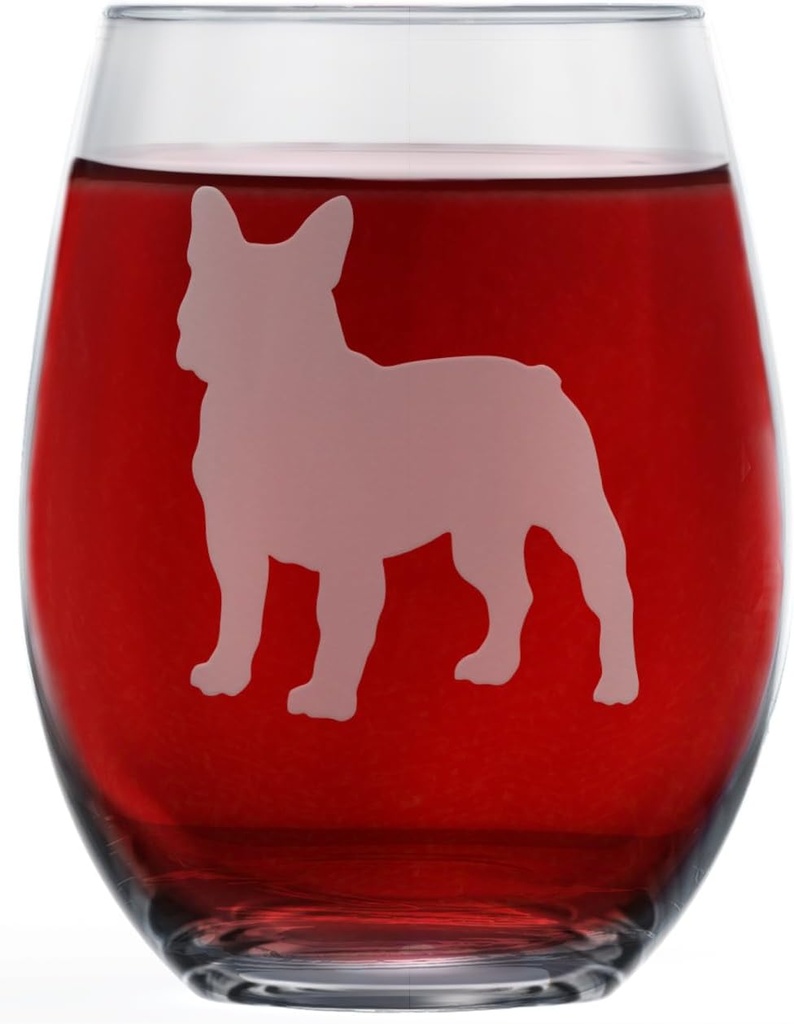Greenline Goods French Bulldog Stemless Wine Glasses (One Glass) - Frenchie Dog Lovers Gifts for Him and Her - Hand Etched 2-Sided Silhouette with Breed Name on the Bottom