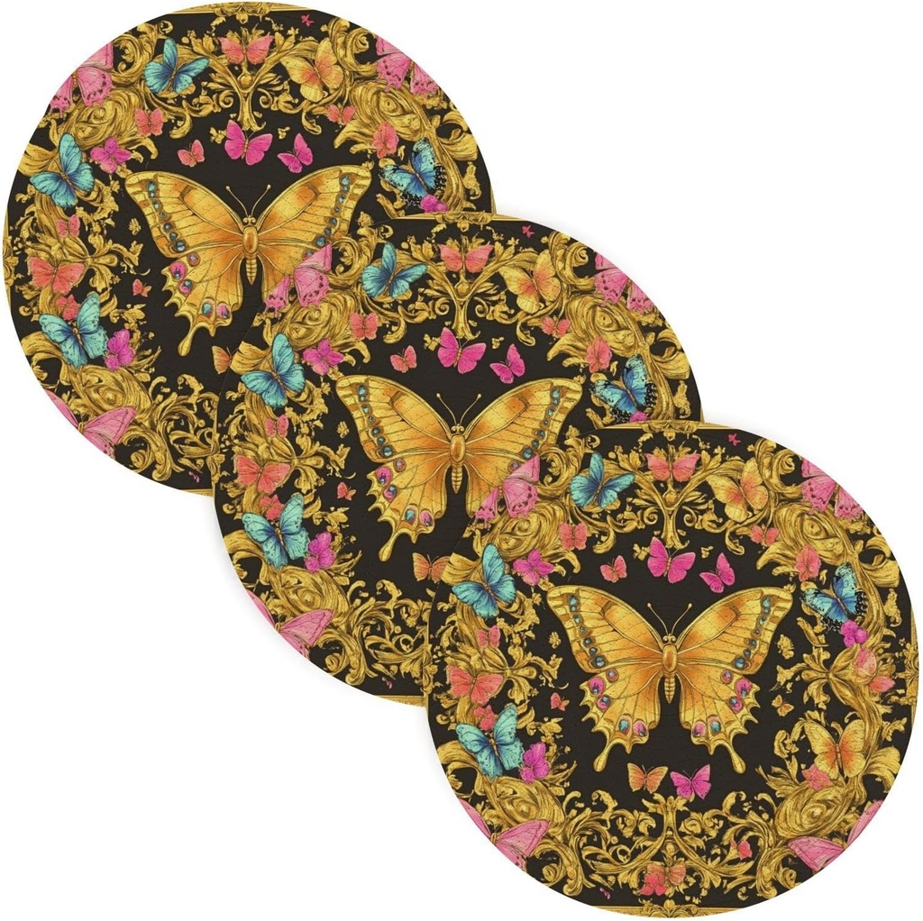 3 Pcs Absorb Water Trivet Table Runner for Crock Pot 15in Dish Holder Kitchen Countertop Protector Porta platos para mesa Retro Butterflies Pattern Gold and Pink