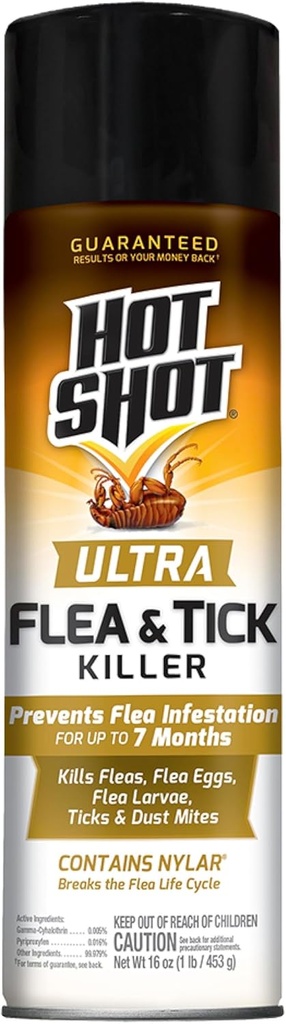 Hot Shot Ultra Flea & Tick Killer (Aerosol), Formula Kills Fleas, Flea Eggs and Flea Larvae, Ticks, Carpet Beetles and Dust Mites, 16 Ounces