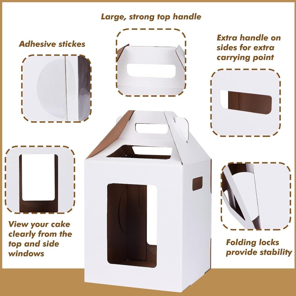 2 Pack Tall Cake Boxes with Cake Boards Large Tiered Cake Box with 4 Clear Windows, 10" Layer Cake Carrier with Handle Bakery Containers for Wedding, Birthday Party, Baby Shower (12x12x14inch)
