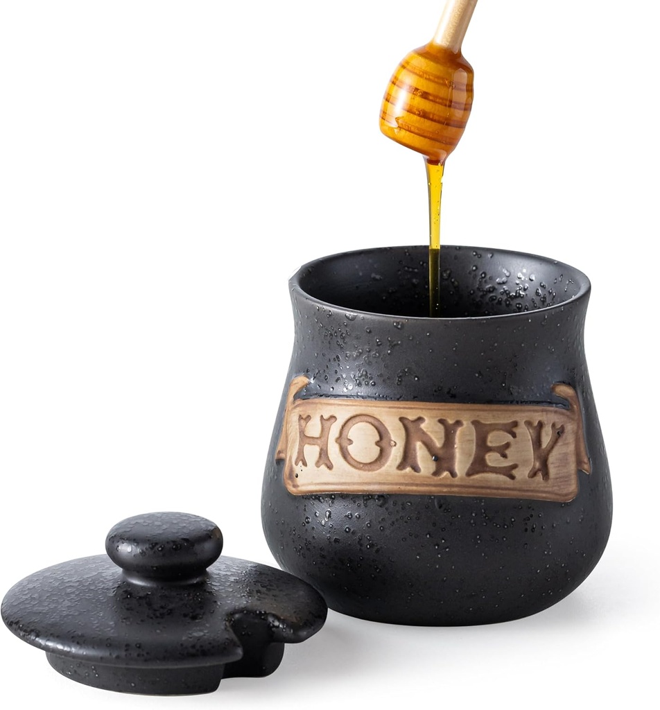 12OZ Honey Jar with Dipper and Lid, Ceramic Honey Pot Container, Large Honey Jars Dispenser and Black Sugar Bowl with Lid and Spoon 15 Oz Farmhouse Sugar Container Holder for Coffee Bar Accessories