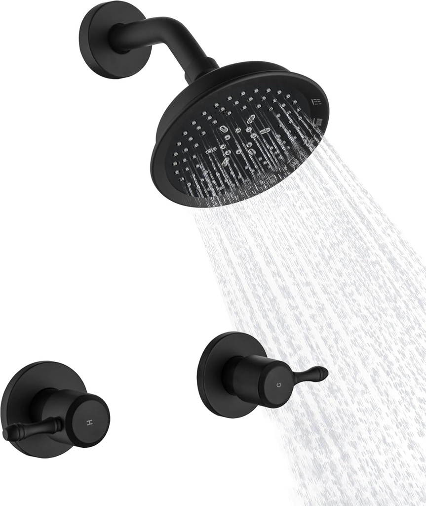 2 Handle Shower Faucet Set, Wall Mounted Two Knob Shower Faucet Set with 5 Mode Rainfall Shower Head Bathroom Shower Faucet Trim Kit, Matte Black