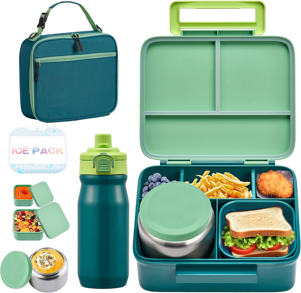 Bento Lunch Box for Kids with 8oz Soup Thermo, Leak-proof Lunch Food Containers with 5 Compartment, Insulated Lunch Bag & 17oz Stainless Steel Water Bottle for School, Trvael
