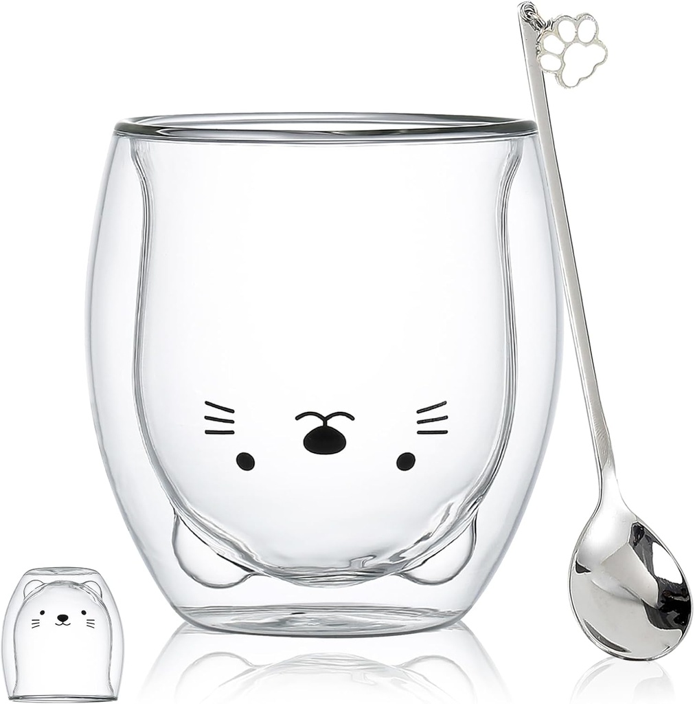 Cat Mug Cute Mugs Glass Double Wall Insulated Glass Espresso Cup, Kawaii Cup, Coffee Cup, Tea Cup, Milk Cup, Best gift for Office and Personal Birthday Christmas (Cat)