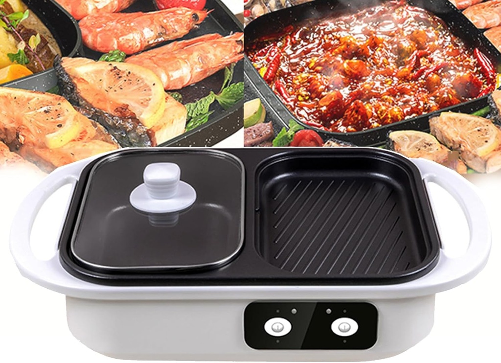 Electric Grill And Hotpot With Lid, 1300w Nonstick Shabu Griddle 2-in-1 Electric Frying Pans, Barbecue Pan With Divider, Large Capacity, One Pan For Many Uses,White