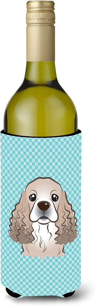 Caroline's Treasures BB1154LITERK Checkerboard Blue Cocker Spaniel Wine Bottle Hugger Bottle Cooler Sleeve Hugger Machine Washable Collapsible Insulator Beverage Insulated Holder