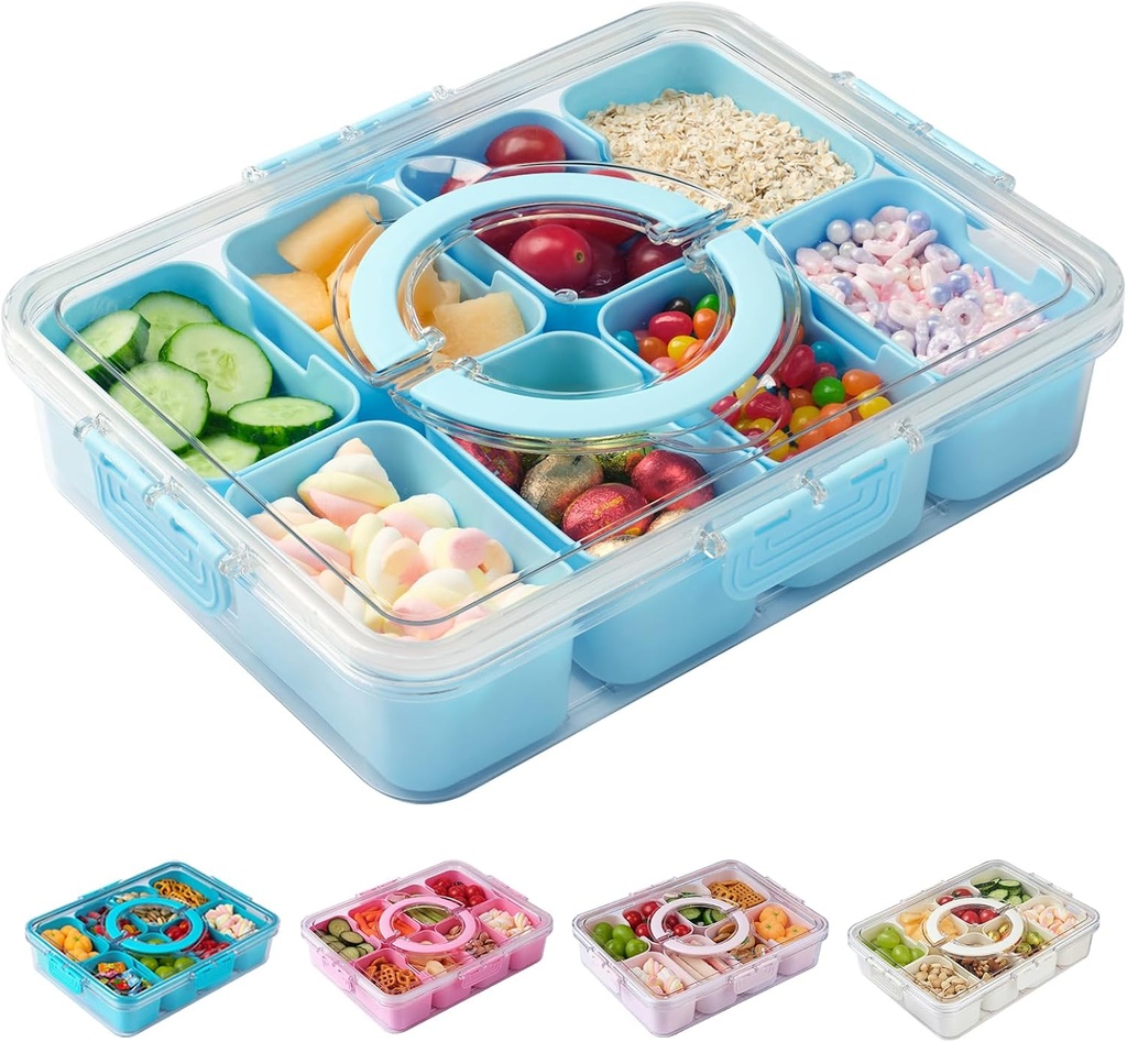 Snackle Box Container,Divided Serving Tray with Lid and Handle,8 Compartments Snack Box Portable Snack Containers Charcuterie Platter,Snack Organizer Food Tray for Fruit Veggie Candy Nut (blue)
