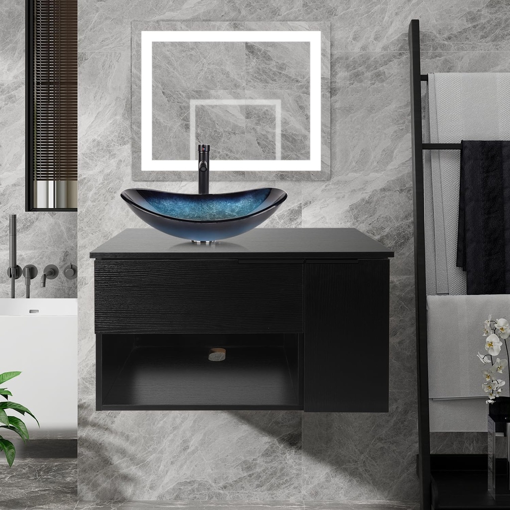 28 Inch Black Floating Bathroom Vanity with 1-Door and 1-Drawer, Modern Wall Mounted Cabinet with Blue Boat Vessel Sink Top