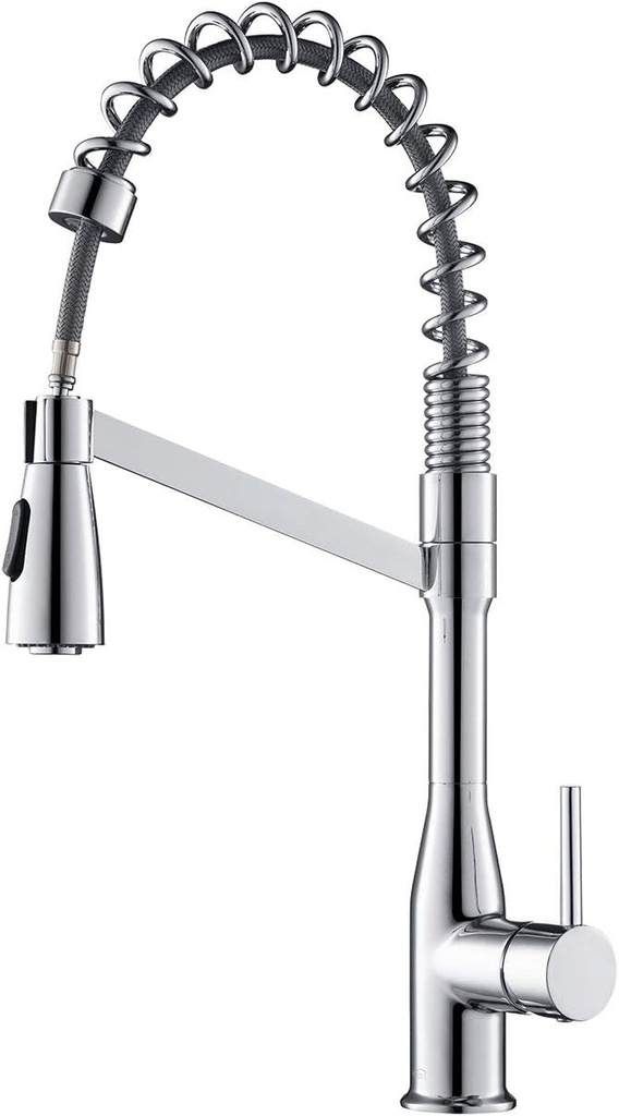 KIBI Largo Single Handle Spring Pull Down Faucet for Kitchen Sink | Solid Brass High Arc Faucet Spout | Kitchen Faucet with Pull Down Sprayer (Chrome) (KKF2006)