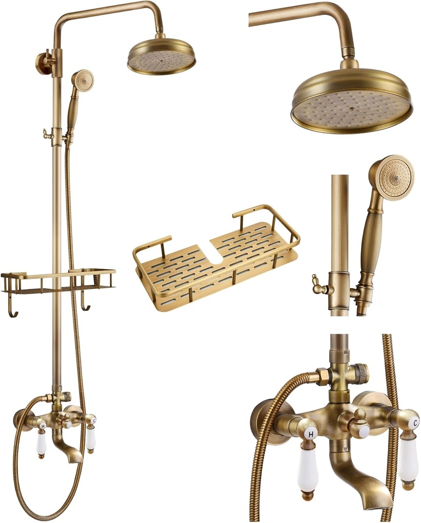 gotonovo Exposed Bathroom Tub Shower Faucet Set with Shower Shelf 8 inch Rainfall Shower Head with Handheld Spray with Tub Spout Shower System 3 Function Wall Mounted Antique Brass Double Lever Handle