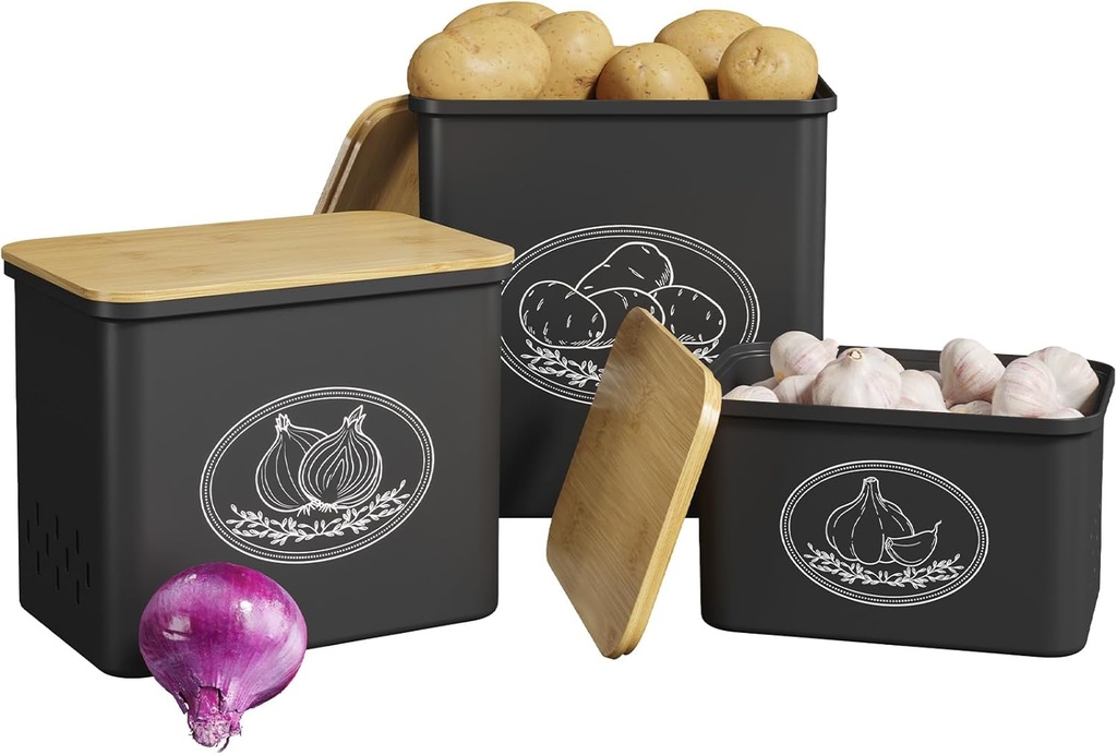 Lifewit Potato Onion and Garlic Storage Bin, Stackable Vegetable Storage Tins with Aerating Holes and Lid, Plastic Canister Keeper for Pantry Kitchen Countertop, Set of 3, 10L, Black