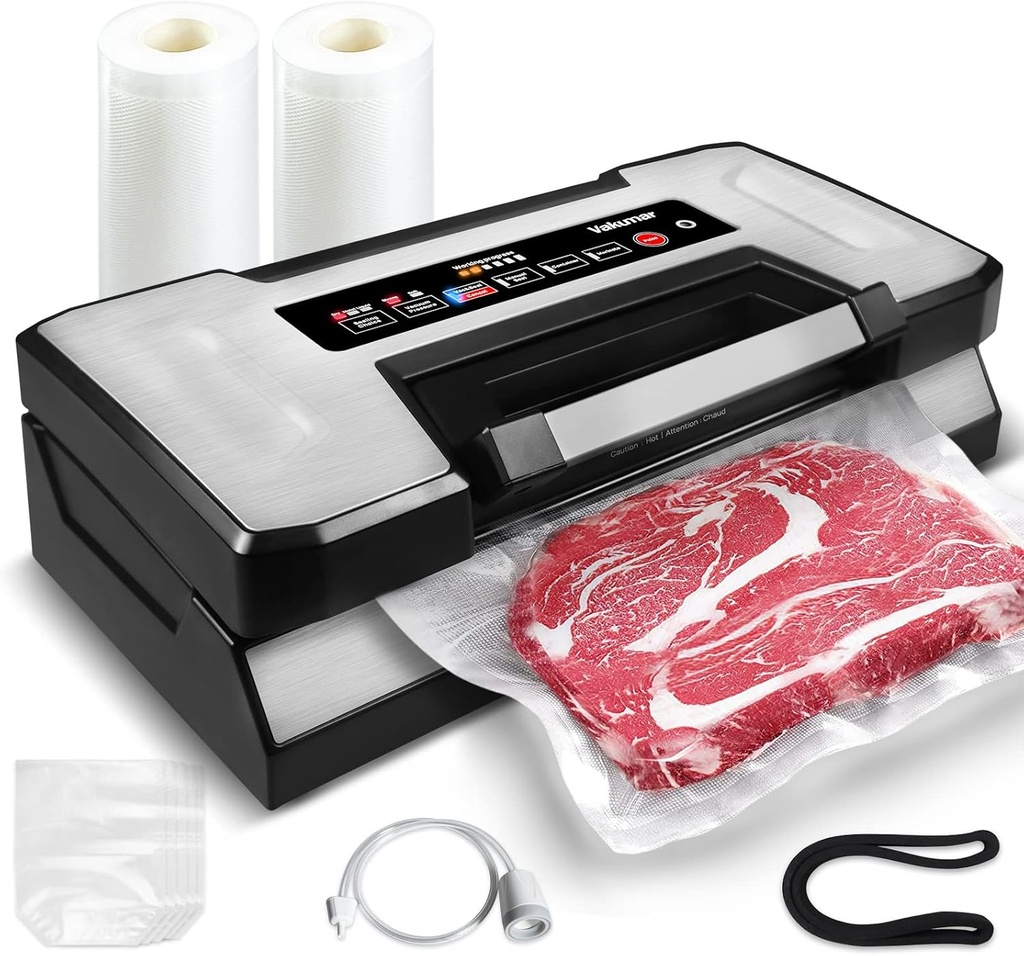 Vakumar Liquid Vacuum Sealer Machine, 90Kpa Vacuum Sealer Machine Preservation Dry/Moist/Liquid Modes, LED Indicator Light, Handle Locked Design, Built-in Cutter and Bag Storage, Removable Drip Tray