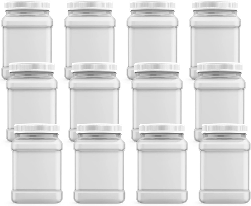 Company 48 fl oz Square Clear Jar with Pinch Handle, 12 Count, Pantry Storage & Organization, Plastic Container with Lid