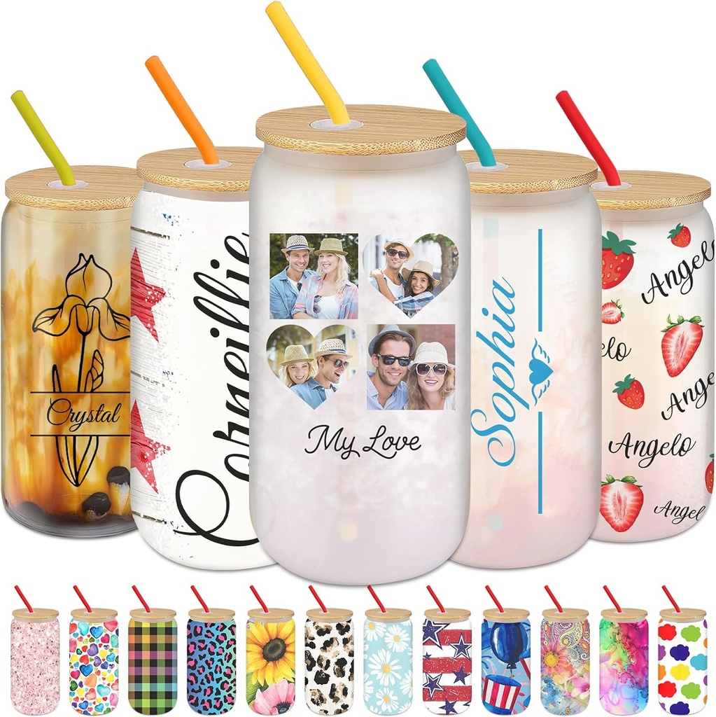 Personalized Glass Cup with Bamboo Lids and Straws 16oz Custom Name Photo Sublimation Drinking Glass Can Tumbler Customized Ice Coffee Cup Gifts for Birthday Wedding Anniversary Party
