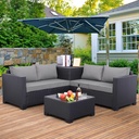 Outdoor PE Wicker Patio Furniture Set 4 Piece Black Rattan Sectional Loveseat Couch Set Conversation Sofa with Storage Box Glass Top Table and Non-Slip Grey Cushion