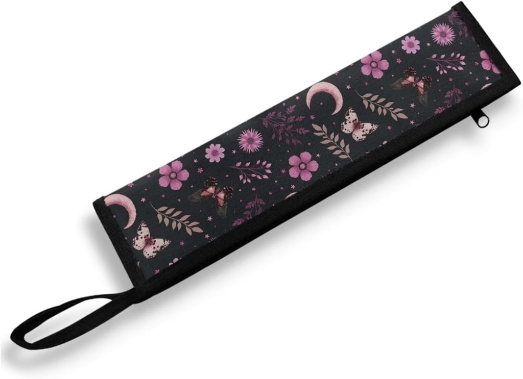 COEQINE Black Utensil Holder Case for Fork Spoon Knife Organizer,Pink Buttterfly Moon Leafproof Travel Spoon Case With Handles Machine Washable Portable Cutlery With Zipper