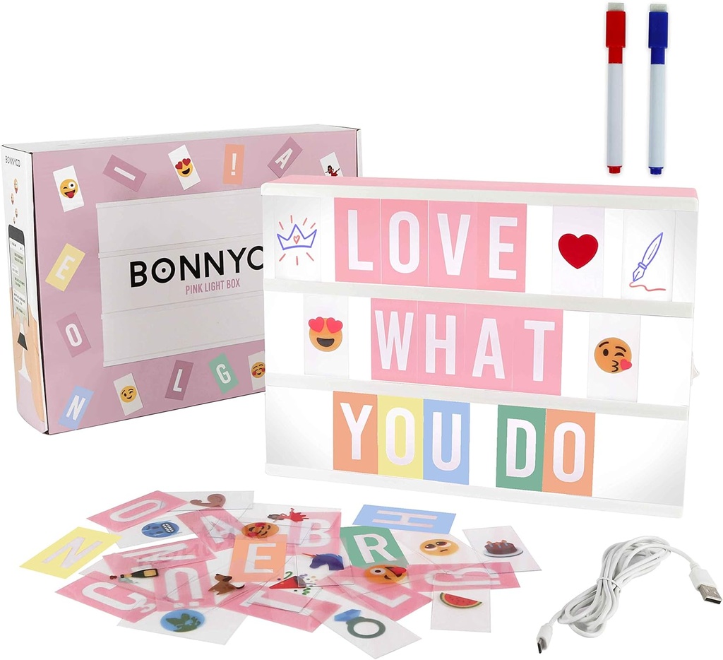 BONNYCO Pink Cinema Light Box with 400 Letters, Emojis, 2 Markers. Led Light Box Home Office and Room Decor, Cinema Led Sign Letters Board. Gifts for Women Girls Christmas Birthdays, Pink Decor