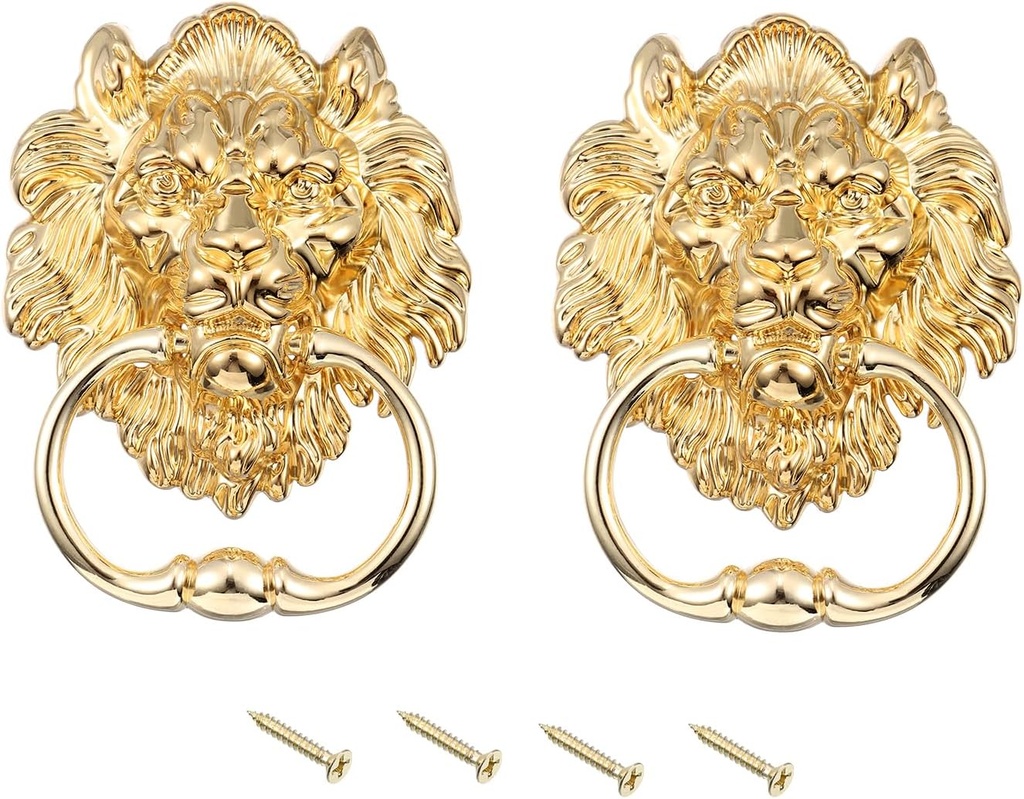 uxcell 2 Pcs Lion Head Pulls Knob, 6 Inch Zinc Alloy Vintage Lion Door Handle Decorative Front Door Knob Ring Pull Handle for Gate Cabinets Drawers, Gold