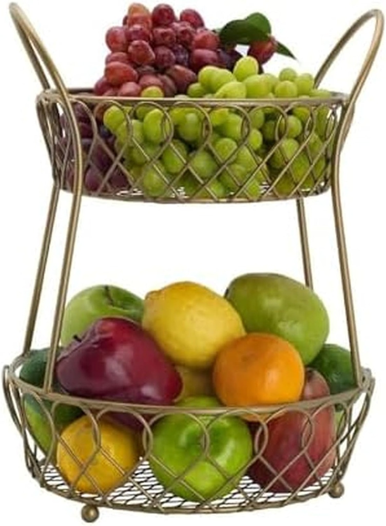 Gourmet Basics by Mikasa Loop and Lattice Metal 2-Tier Round Fruit Storage Basket, Matte Gold,5 quarts