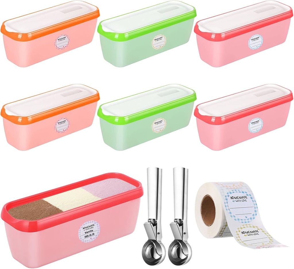 Rtteri 6 Pcs 1.59 Quart Ice Cream Containers with 2 Serving Scoop 1 Roll Stickers Lids Reusable Ice Cream Tub Containers Stackable Ice Cream Maker Accessories for Freezer Homemade Dessert Storage