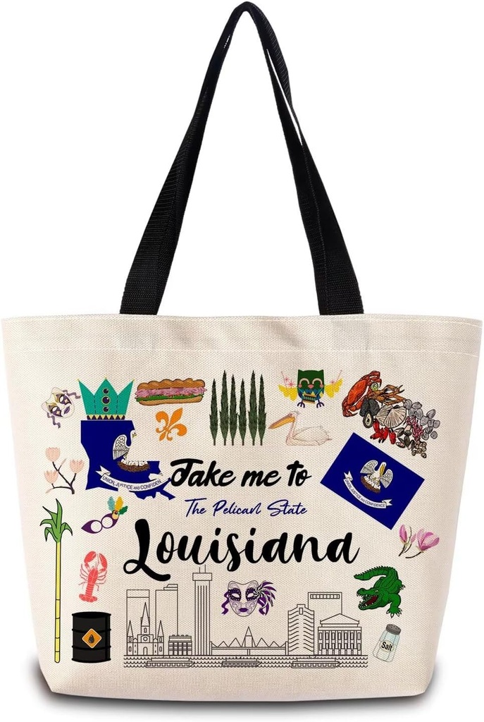 Take Me To Louisiana Tote Bag Reusable Grocery Bags Aesthetic Shopping Shoulder Handbag with Interior Pocket Lightweight & Washable Stylish Louisiana Travel Present for Women