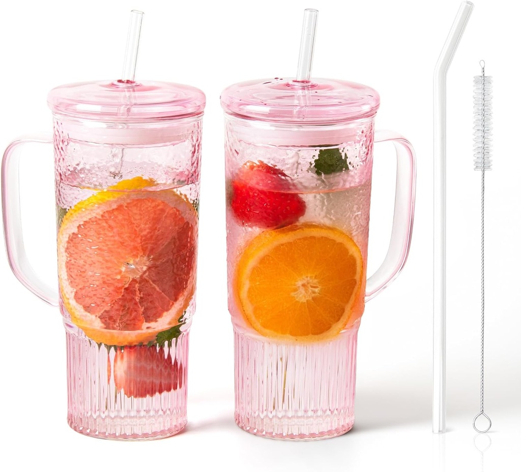 Glass Cups with Lids and Straws,24oz Glass Tumbler with Handle Iced Coffee Cup for Coffee,Juice,Tea,Milk,Smoothie,Hot & Cold Drinks (Pink)