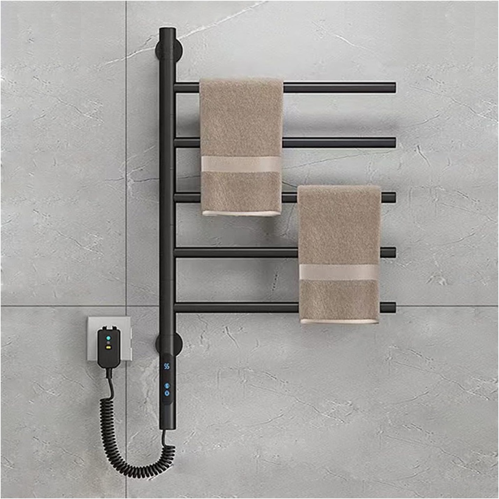 Electric Heated Towel Rack, Rotating Towel Warmer Wall Mounted Drying Rack,Stainless Steel Towel Warmer 5 Bars with Built-in Timer, 1h-8h,82w,for Home Bathroom, Salons and Spas,Plug-in,Black