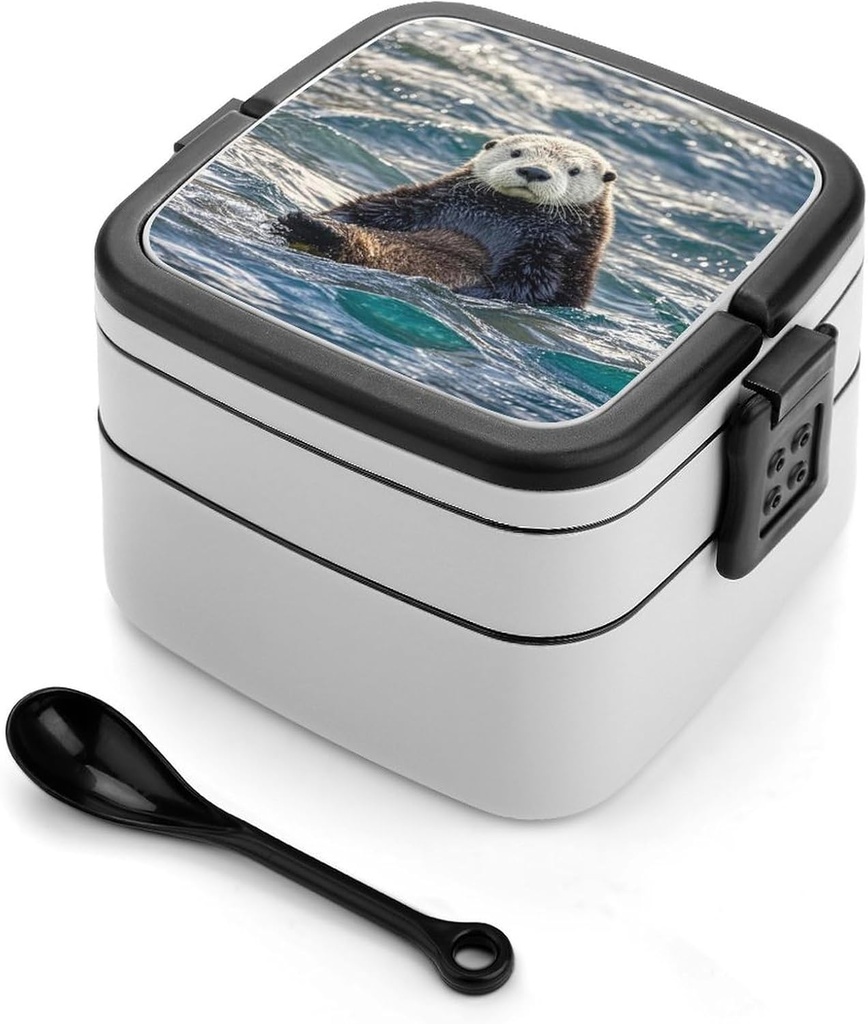 Sea Otter Bento Box Double-Layer Bento Lunch Container with Spoon And Invisible Handle Adult Leak-Proof Lunchbox for Dining Out Work Picnics Travel