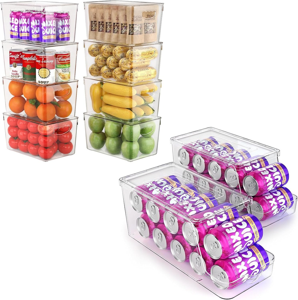 theaoo Large Stackable Refrigerator Organizer Bins AND Soda Can Dispenser for Refrigerator with Lids