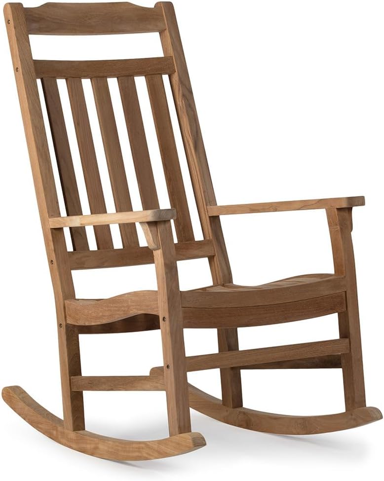 TITAN GREAT OUTDOORS Ash & Ember Grade A Teak Rocking Chair, Weather Resistant Premium Wood Outdoor Furniture, Rocking Chair with Intricate High Back Support, Armrests, Sloped Runners