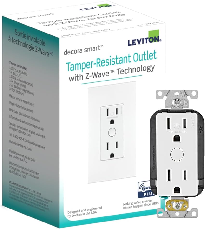 Leviton Decora Smart Tamper-Resistant Outlet with Z-Wave Technology, 1 Pack, ZW15R-1BW, White