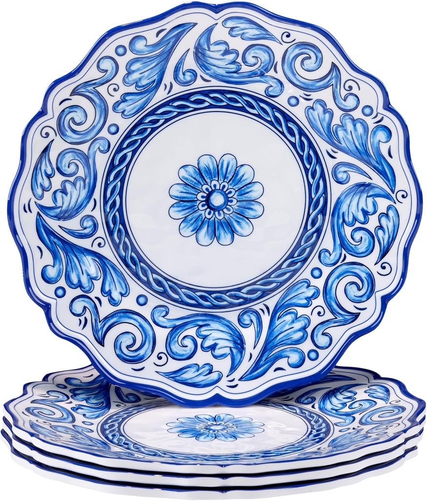 Veranda 11-Inch Melamine Dinner Plates, Set of 4 – Elegant Blue and White Floral Scroll Design – Durable, Lightweight, Dishwasher Safe Plates for Everyday Dining or Outdoor Entertaining