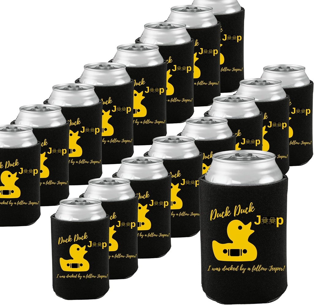 You’ve Been Ducked Duck Can Cooler | Bulk 20 Pack | Collapsible Foam Can Cozie Holder | Duck Duck Game | Attached to Rubber Duck Tags | Black with Yellow Design
