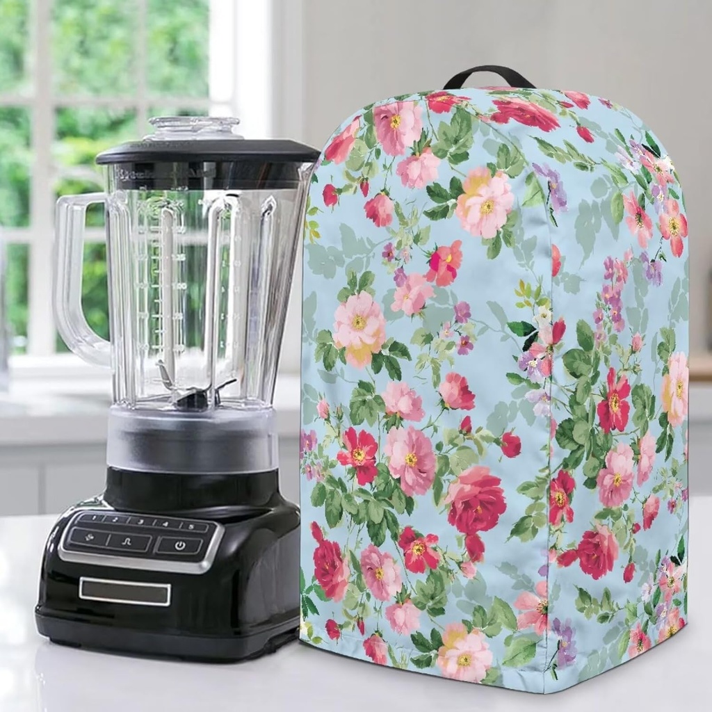 Flower Light Blue Print Blender Cover Food Processor Dust Cover Soft Polyester Taffeta Kitchen Appliance Case with Adjustable Drawstring Washable Home Decor Accessories