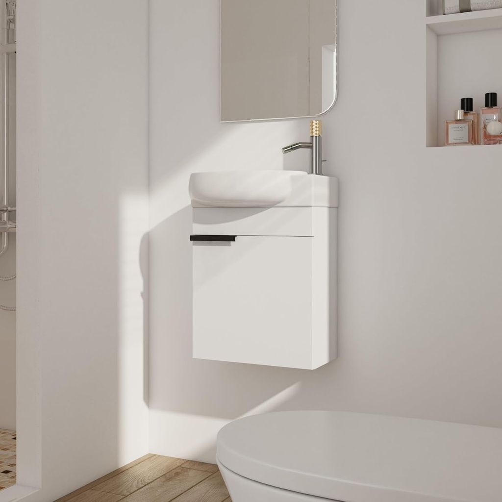 16" Floating Small Bathroom Vanity Wall Mounted Vanity with Soft Close Doors and Oval Ceramic Sink for Bathroom White