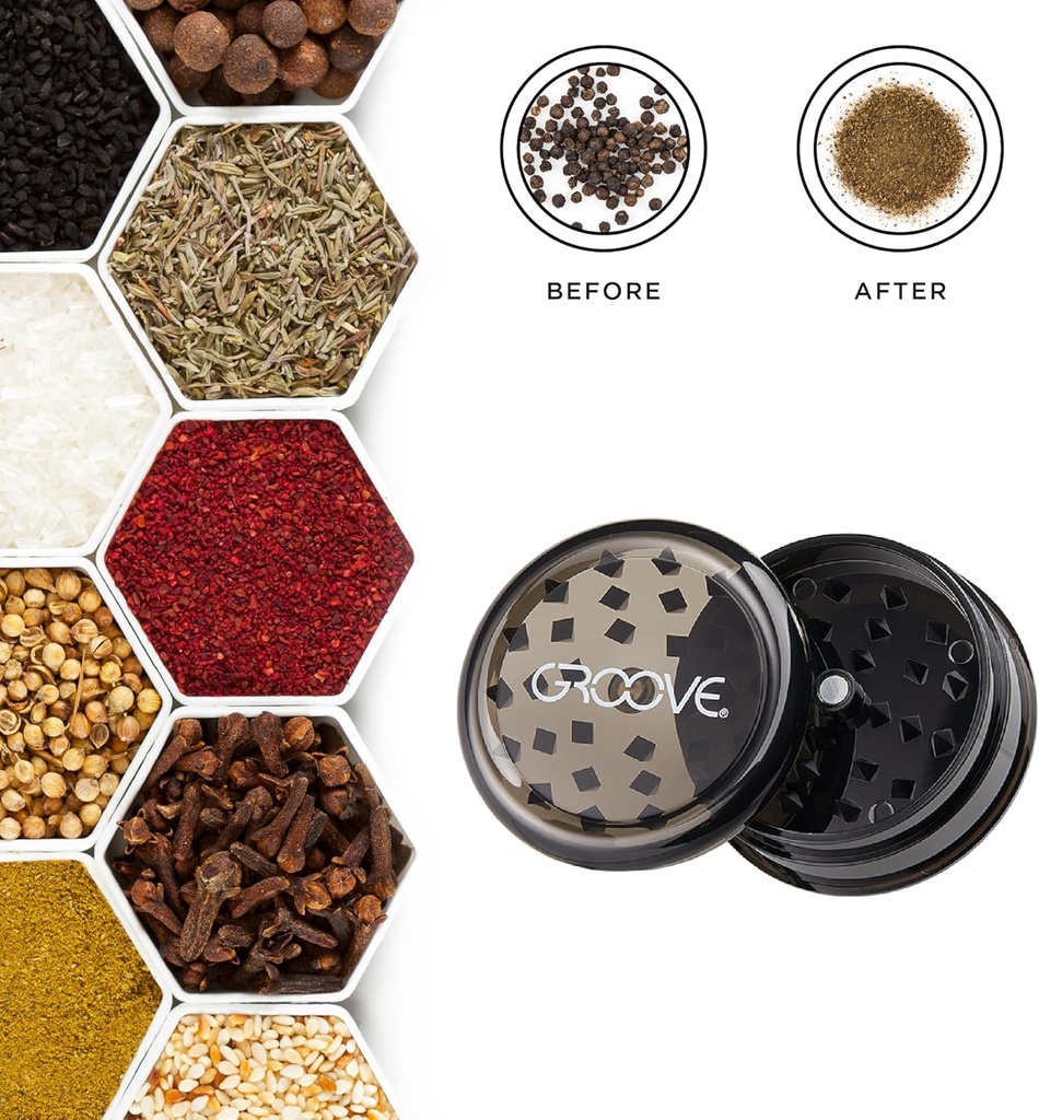 GROOVE Premium Herb Grinder - 2-Piece Acrylic Herb Grinder with Integrated Storage Compartment and Magnetic Closure – Ultra-Sharp Teeth for Smooth Grinding – BPA-Free (Black)