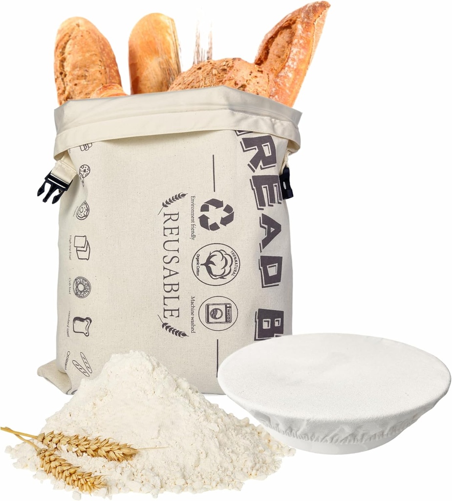 Reusable Cloth Bread Bags for Homemade Bread with Sourdough Proofing Cover,Reusable Cotton Storage Bag,Food-Grade Linned,Freezer Safe, Keeps Loaf for Days(FG&BC-Bvory1)