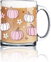 Whaline Fall Glass Coffee Mugs with Handle Pink White Pumpkin Star Flower Coffee Cups Autumn Thanksgiving Drinking Glasses for Iced Coffee Soda Cocktail, 12oz
