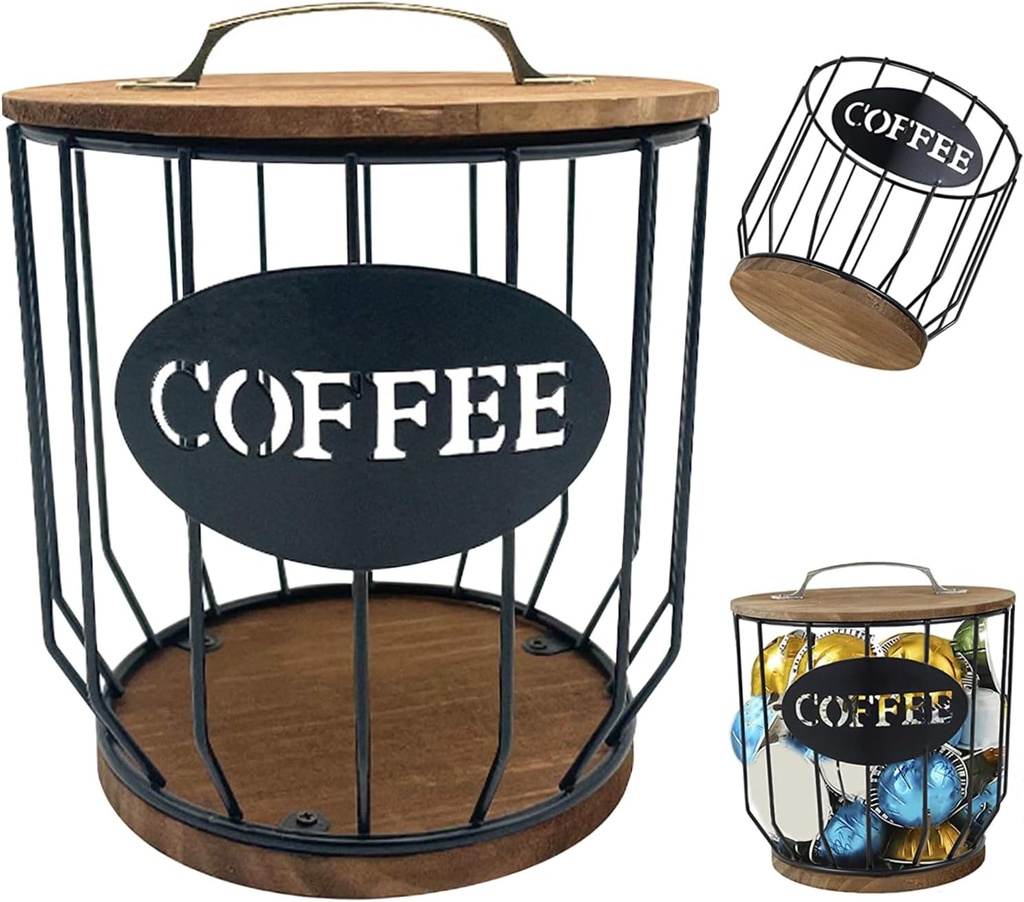Coffee Pod Holder Large Capacity Coffee Bar Organizer with Wood Lid Base Rustic Space-Saving Pod Organizer Reusable Accessories for Bar