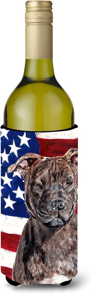 Caroline's Treasures SC9633LITERK Staffordshire Bull Terrier Staffie with American Flag USA Wine Bottle Hugger Bottle Cooler Sleeve Hugger Machine Washable Collapsible Insulator Beverage Insulated Hol