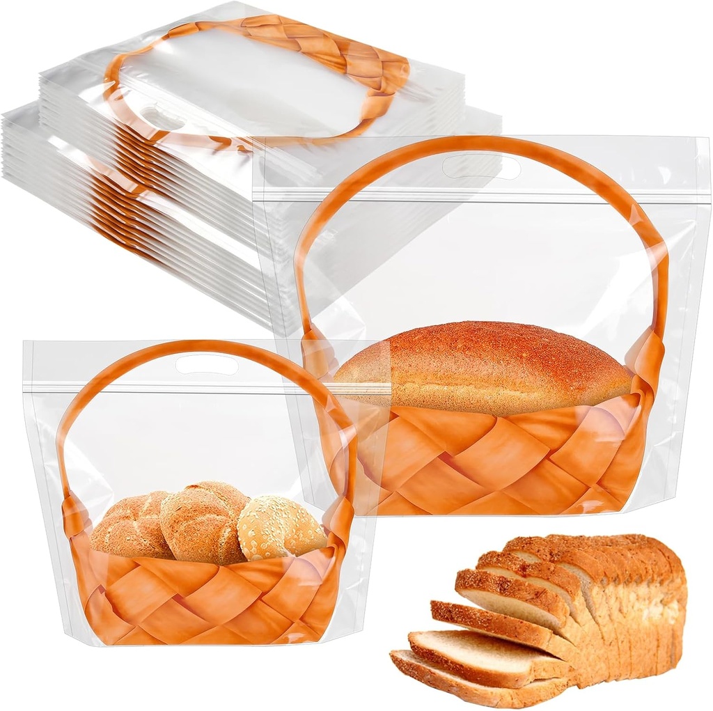 110PCS Clear Plastic Bread Bags with Handle, Zippered Food Bag for Homemade Bread,Freezer Bread Packaging Bags with Basket Pattern for Cookie Toast Loaf Bakery Cafe (50 * 12.6In,60 * 11.5In)