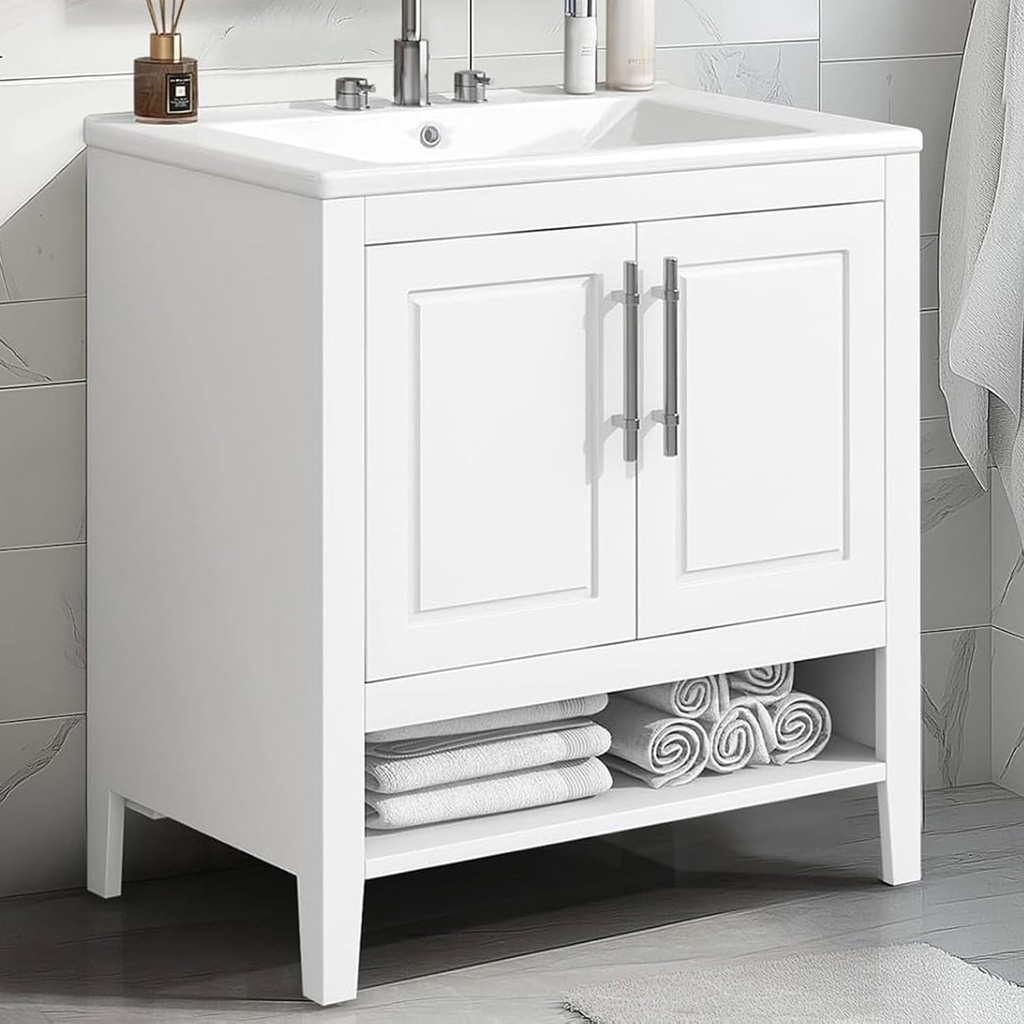 DlandHome 30 Inch Bathroom Vanity with Sink, Modern Bathroom Cabinet with 2 Doors & 3 Drawers, Multi-Functional Storage Space, Solid Wood Frame & Waterproof MDF, White