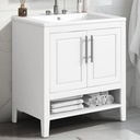 DlandHome 30 Inch Bathroom Vanity with Sink, Modern Bathroom Cabinet with 2 Doors & 3 Drawers, Multi-Functional Storage Space, Solid Wood Frame & Waterproof MDF, White
