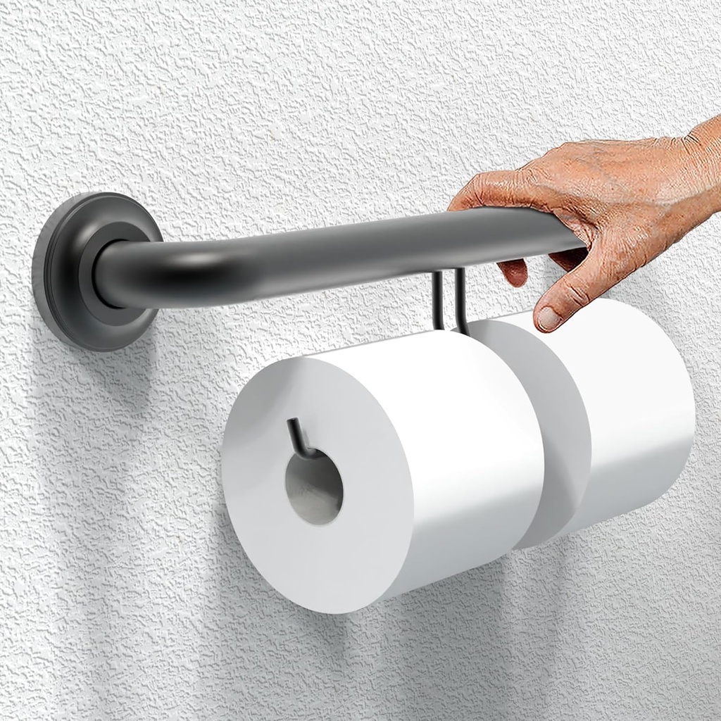 ADA Compliant Grab Bar with Toilet Paper Holder (2 Mega Rolls), 500lbs Weight Support, 1-1/4 x 16 inch for Stud Mount, Matte Black