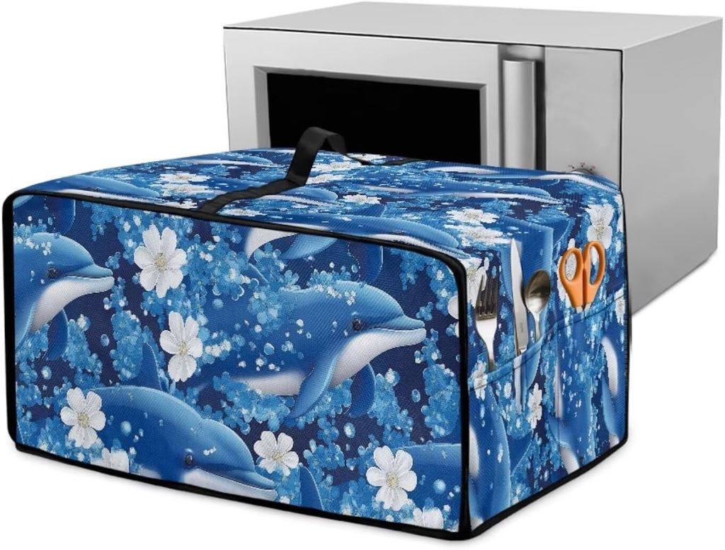 Daisy Dolphin Ocean Print Toaster Oven Cover, Anti Scratch Bread Maker Cover Dust & Fingerprint Protection Washable Kitchen Small Appliance Covers (Medium-16.1 * 19.71 * 10 inches)
