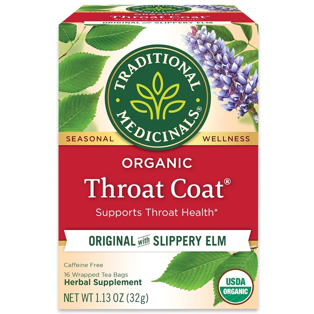 Traditional Medicinals Organic, Throat Coat Tea, Original with Slippery Elm - Supports Throat Health - Kosher, Non-GMO, Caffeine-Free, Compostable - 16 Tea Bags