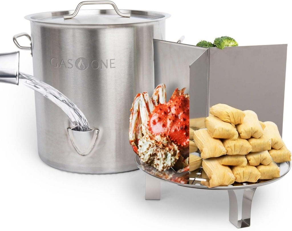GasOne Stainless Steel Steamer – 40qt Steamer Pot for Cooking with Water Fill Spout, Rack, Divider – Steam Pot for Tamales and Crab Boil – Induction Ready