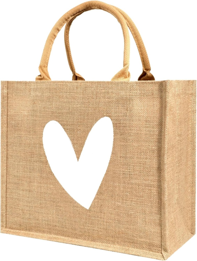Burlap Tote Bags with Handles Only One White Heart Printed Reusable Jute Gift Bags Waterproof Lining for Valentine's Mother's Day Wedding Bridesmaid Bachelorette Beach Party